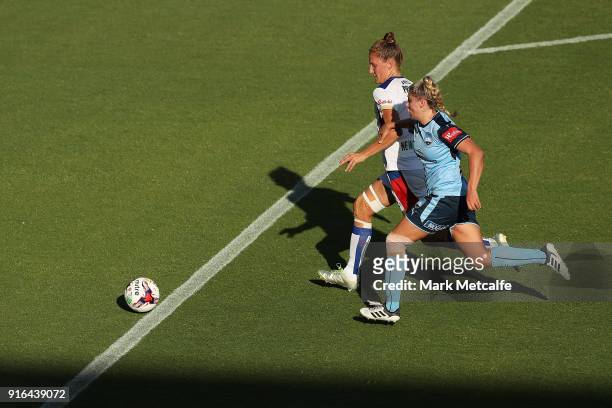 Remy Siemsen of Sydney FC and Natasha Prior of Newcastle Jets compete for the ball during the W-League semi final match between Sydney FC and the...