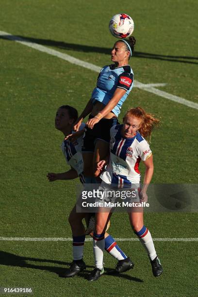 Chloe Logarzo of Sydney FC wins a header during the W-League semi final match between Sydney FC and the Newcastle Jets at Leichhardt Oval on February...