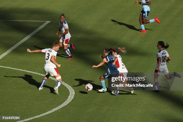 Lisa De Vanna of Sydney FC is tackled during the W-League semi final match between Sydney FC and the Newcastle Jets at Leichhardt Oval on February...