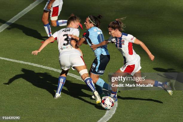 Lisa De Vanna of Sydney FC is tackled during the W-League semi final match between Sydney FC and the Newcastle Jets at Leichhardt Oval on February...