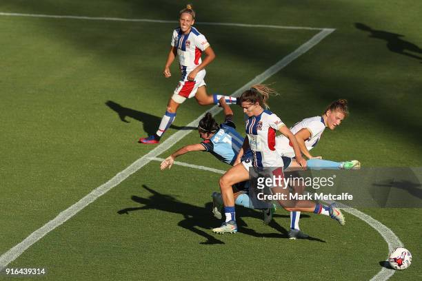 Lisa De Vanna of Sydney FC is tackled during the W-League semi final match between Sydney FC and the Newcastle Jets at Leichhardt Oval on February...