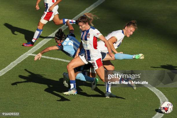 Lisa De Vanna of Sydney FC is tackled during the W-League semi final match between Sydney FC and the Newcastle Jets at Leichhardt Oval on February...