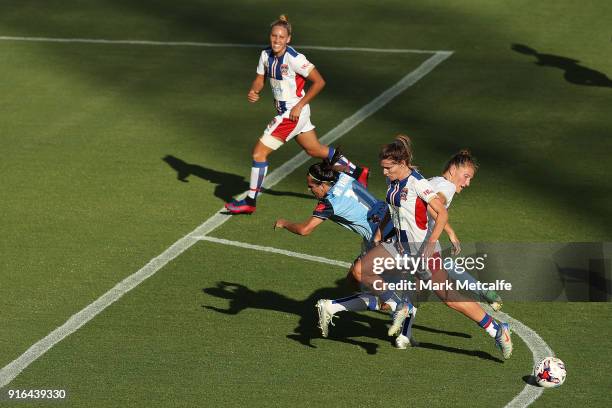 Lisa De Vanna of Sydney FC is tackled during the W-League semi final match between Sydney FC and the Newcastle Jets at Leichhardt Oval on February...