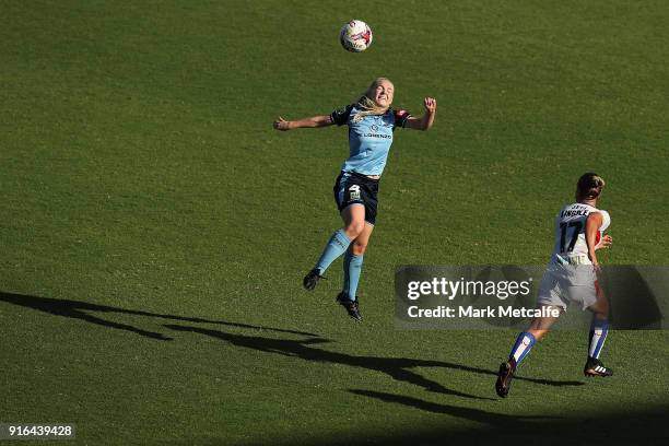 Elizabeth Ralston of Sydney FC wins a header during the W-League semi final match between Sydney FC and the Newcastle Jets at Leichhardt Oval on...