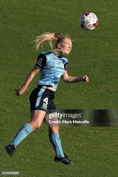 Elizabeth Ralston of Sydney FC wins a header during the W-League semi final match between Sydney FC and the Newcastle Jets at Leichhardt Oval on...