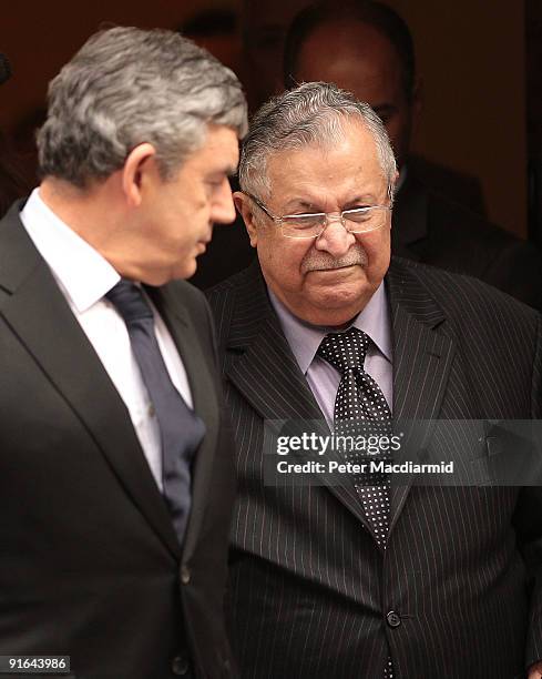 Prime Minister Gordon walks with Iraqi President Jalal Talabani from Downing Street on October 9, 2009 in London. Later Prime Minister Brown will...