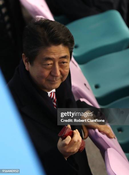 Japanese Primeminister ShinzØ Abe is seen during the Women's Ice Hockey Preliminary Round, Group B match between Japan and Sweden on day one of the...