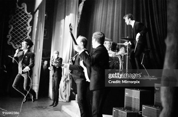 Manchester pop group Freddie and the Dreamers performing on stage at the Britannia Theatre in Great Yarmouth, Norfolk. The group consists of singer...