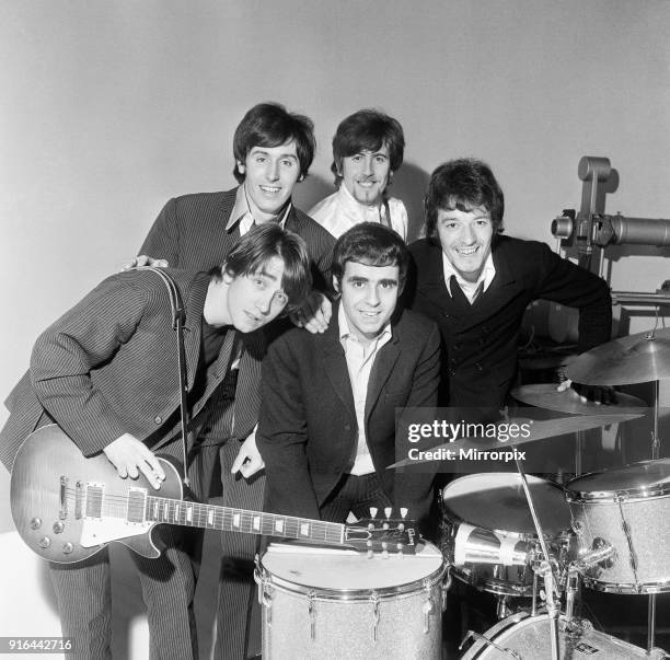 Manchester pop group The Hollies pictured with their stand-in drummer Tony Mansfield during rehearsals for the ABC television show Doddy's Music Box...