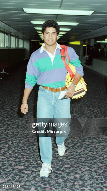 Sachin Tendulkar, first overseas signing for Yorkshire County Cricket Club, pictured arriving at London Heathrow Airport, 28th April 1992.