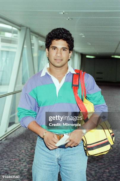 Sachin Tendulkar, first overseas signing for Yorkshire County Cricket Club, pictured arriving at London Heathrow Airport, 28th April 1992.