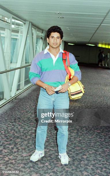 Sachin Tendulkar, first overseas signing for Yorkshire County Cricket Club, pictured arriving at London Heathrow Airport, 28th April 1992.