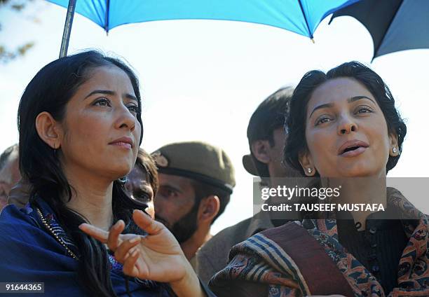 Bollywood actresses Manisha Koirala and Juhi Chawala are seen on location during the filming of "Meghna" under tight security cover in Srinagar on...