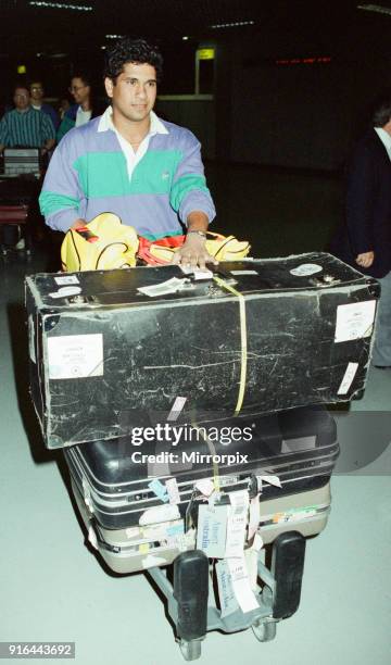 Sachin Tendulkar, first overseas signing for Yorkshire County Cricket Club, pictured arriving at London Heathrow Airport, 28th April 1992.