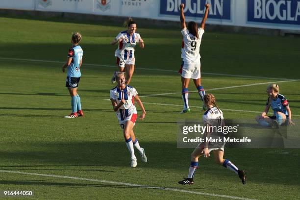 Tara Andrews of Newcastle Jets celebrates scoring a goal during the W-League semi final match between Sydney FC and the Newcastle Jets at Leichhardt...