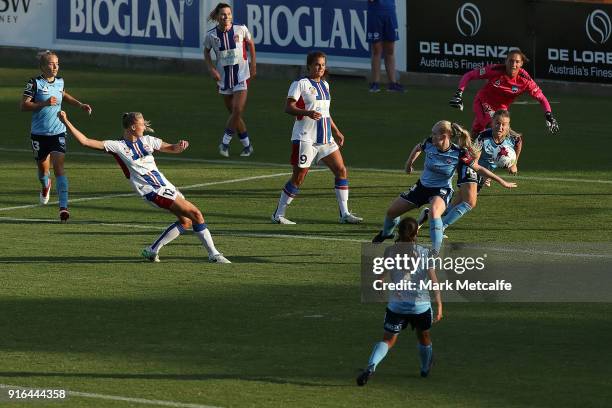 Tara Andrews of Newcastle Jets scores a goal during the W-League semi final match between Sydney FC and the Newcastle Jets at Leichhardt Oval on...