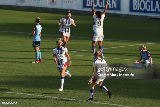 Tara Andrews of Newcastle Jets celebrates scoring a goal during the W-League semi final match between Sydney FC and the Newcastle Jets at Leichhardt...