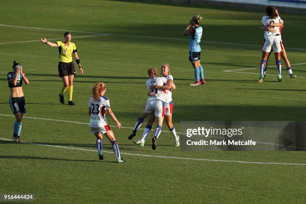 Tara Andrews of Newcastle Jets celebrates scoring a goal during the W-League semi final match between Sydney FC and the Newcastle Jets at Leichhardt...