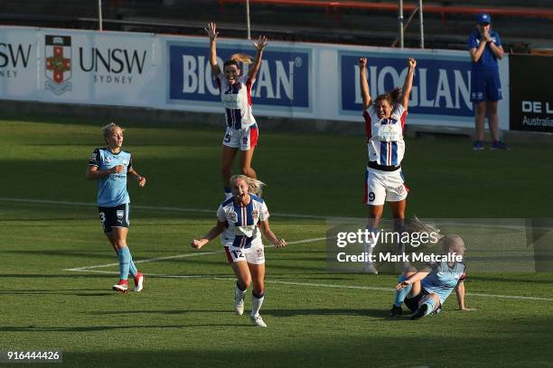 Tara Andrews of Newcastle Jets celebrates scoring a goal during the W-League semi final match between Sydney FC and the Newcastle Jets at Leichhardt...