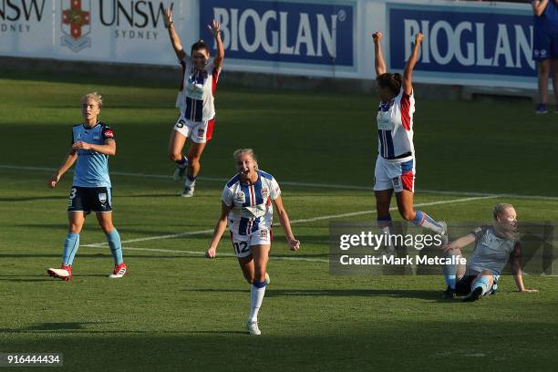 Tara Andrews of Newcastle Jets celebrates scoring a goal during the W-League semi final match between Sydney FC and the Newcastle Jets at Leichhardt...