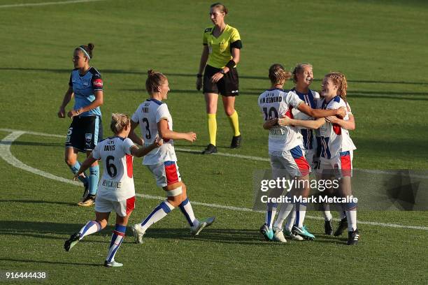 Tara Andrews of Newcastle Jets celebrates scoring a goal during the W-League semi final match between Sydney FC and the Newcastle Jets at Leichhardt...