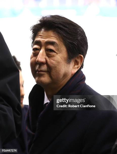 Japanese Primeminister ShinzØ Abe is seen during the Women's Ice Hockey Preliminary Round, Group B match between Japan and Sweden on day one of the...