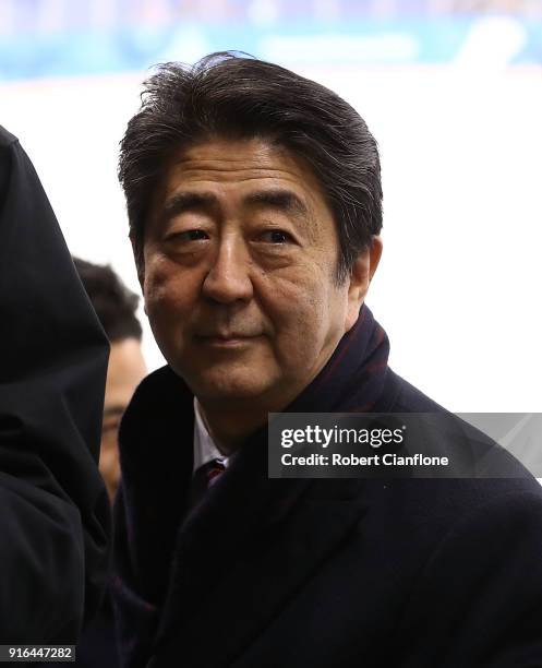 Japanese Primeminister ShinzØ Abe is seen during the Women's Ice Hockey Preliminary Round, Group B match between Japan and Sweden on day one of the...
