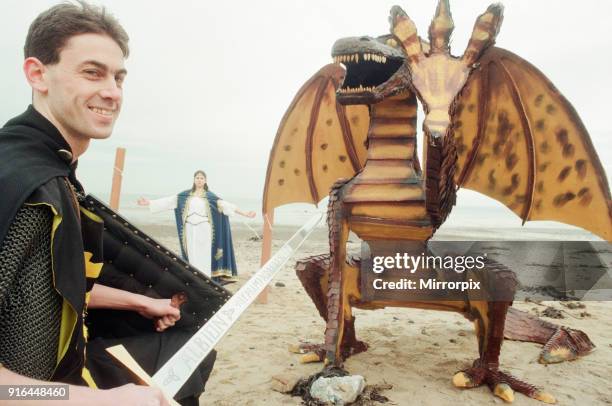 Staff at the Regent Cinema on Redcar Seafront have made a giant dragon, inspired by the film Dragonheart, 16th November 1996. Pictured, on the beach,...