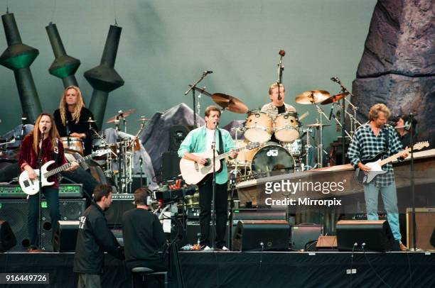 The Eagles performing live at the McAlpine Stadium in Huddersfield, 10th July 1996.