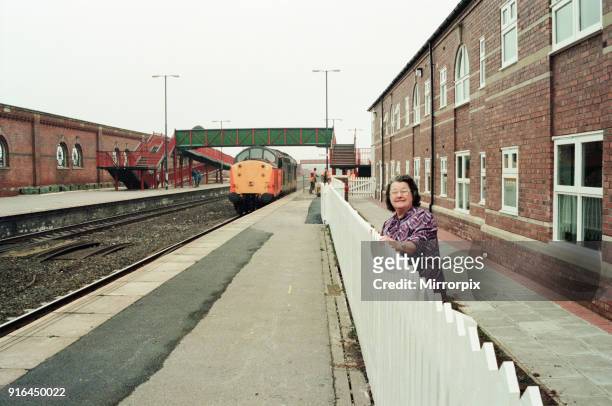 Stockton Railway Station, 1st December 1994. Watching the trains to go by, Joan Taylor, one of the residents in the Stockton Railway Station Housing...