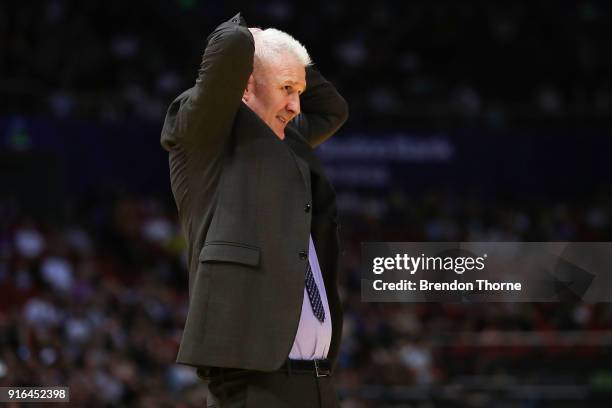Kings Coach, Andrew Gaze gestures during the round 18 NBL match between the Sydney Kings and the Brisbane Bullets at Qudos Bank Arena on February 10,...