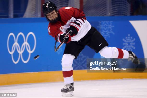 Ayaka Toko of Japan controls the puck against Sweden during the Women's Ice Hockey Preliminary Round - Group B game on day one of the PyeongChang...