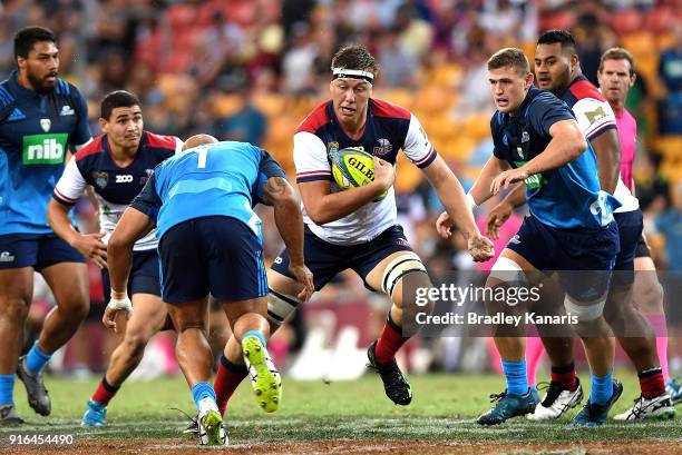 Angus Blyth of the Reds takes on the defence during the 2018 Global Tens match between Queensland Reds and Blues at Suncorp Stadium on February 10,...