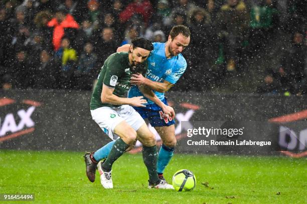 Neven Subotic of Saint Etienne and Valere Germain of Marseille during the Ligue 1 match between AS Saint-Etienne and Olympique Marseille at Stade...