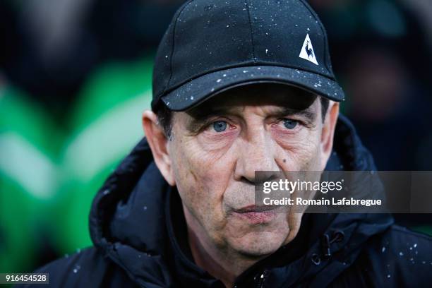 Jean Louis Gasset of Saint-Etienne during the Ligue 1 match between AS Saint-Etienne and Olympique Marseille at Stade Geoffroy-Guichard on February...