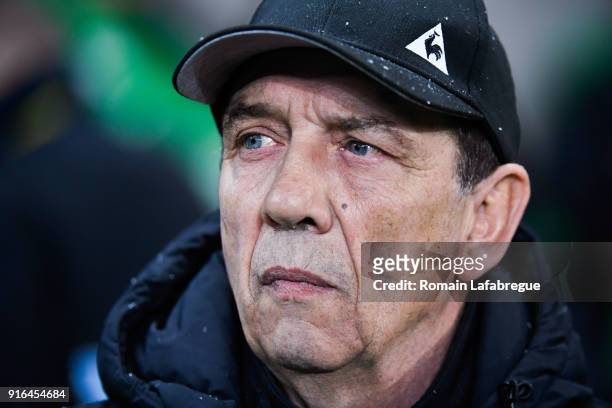 Jean Louis Gasset of Saint-Etienne during the Ligue 1 match between AS Saint-Etienne and Olympique Marseille at Stade Geoffroy-Guichard on February...