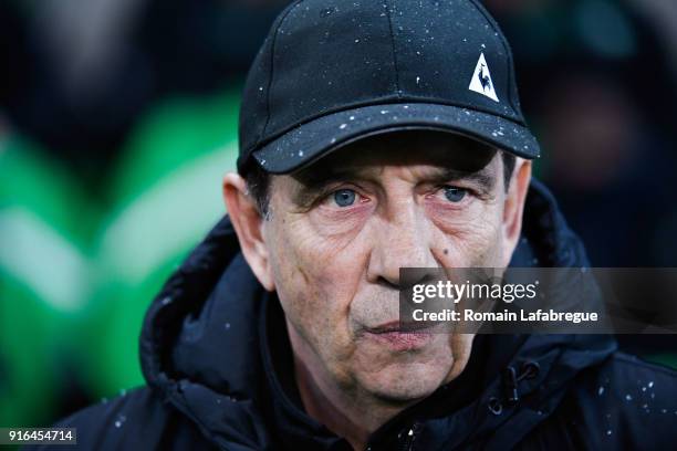 Jean Louis Gasset of Saint-Etienne during the Ligue 1 match between AS Saint-Etienne and Olympique Marseille at Stade Geoffroy-Guichard on February...