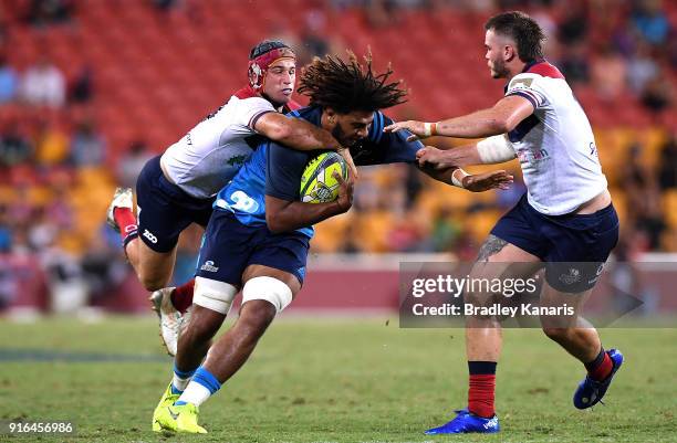 Hoskins Sotutu of the Blues takes on the defence during the 2018 Global Tens match between the Blues and Queensland Reds at Suncorp Stadium on...