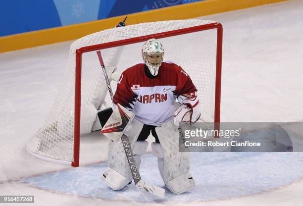 Japanese goalkeeper Nana Fujimoto during the Women's Ice Hockey Preliminary Round, Group B match between Japan and Sweden on day one of the...