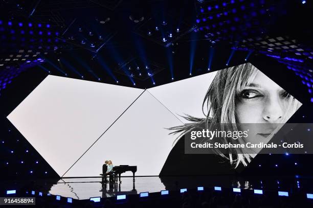 Alain Lanty and singer Louane Emera perform during a Tribute to France Gall the 33rd "Les Victoires De La Musique" 2018 at La Seine Musicale on...