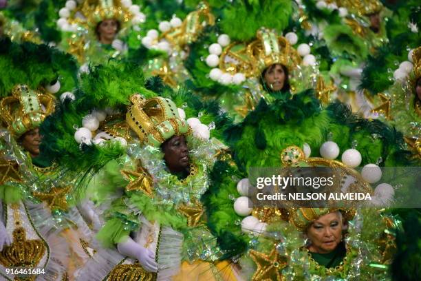 Revellers of the Tom Maior samba school perform during the first night of carnival in Sao Paulo, Brazil, at the city's Sambadrome early on February...