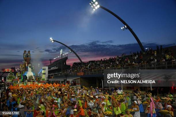 Revellers of the Tom Maior samba school perform during the first night of carnival in Sao Paulo, Brazil, at the city's Sambadrome early on February...