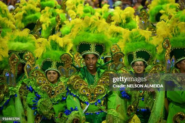 Revellers of the Tom Maior samba school perform during the first night of carnival in Sao Paulo, Brazil, at the city's Sambadrome early on February...