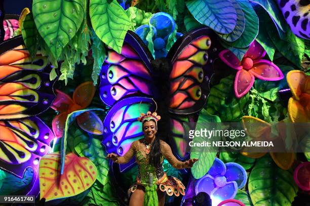 Revellers of the Tom Maior samba school perform during the first night of carnival in Sao Paulo, Brazil, at the city's Sambadrome early on February...