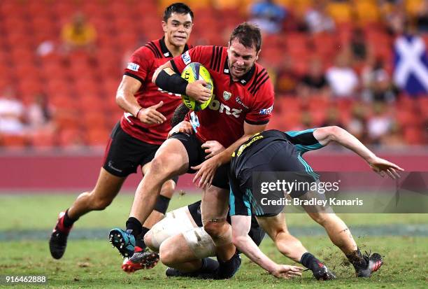 Nathan Vella of the Crusaders takes on the defence during the 2018 Global Tens semi-final match between the Crusaders and Hurricanes at Suncorp...