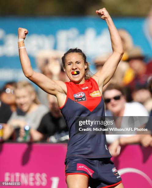 Aliesha Newman of the Demons celebrates a goal during the 2018 AFLW Round 02 match between the Melbourne Demons and the Adelaide Crows at Casey...