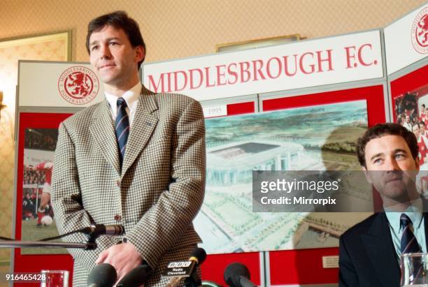 Bryan Robson is unveiled as the new Manager for Middlesbrough FC Pictured at a press conference with chairman Steve Gibson on the right. Ayresome...