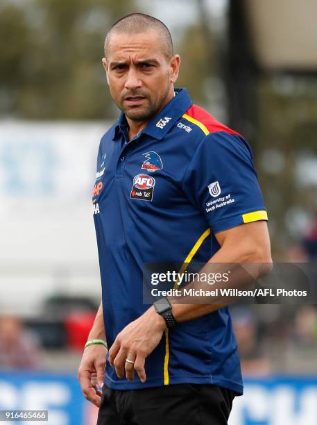Andrew McLeod, Assistant Coach of the Crows looks on during the 2018 AFLW Round 02 match between the Melbourne Demons and the Adelaide Crows at Casey...