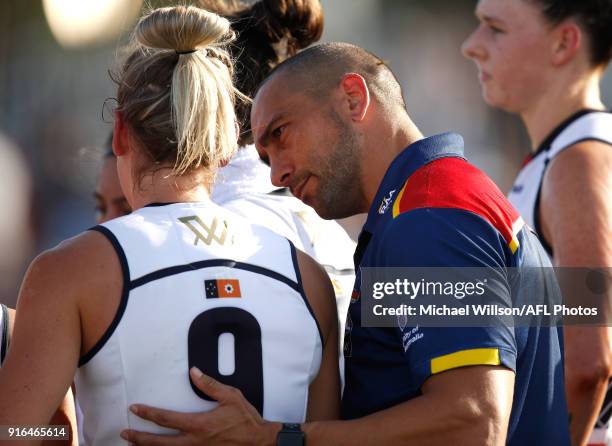 Andrew McLeod, Assistant Coach of the Crows offers words of encouragement to Deni Varnhagen during the 2018 AFLW Round 02 match between the Melbourne...