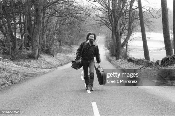 Billy Connolly, traveling in the North West of England, as part of his 64 date Big Wee Tour of Britain, February 1979.